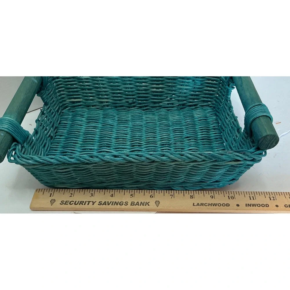 Vintage Wicker Basket Teal‎ Woven Wood Handles 11x8 Cottagecore
